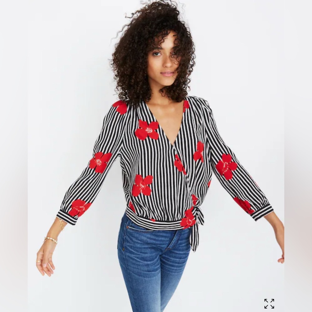 Madewell Womens Candied Orchids Wrap Top Blouse Sz Medium Floral Striped Cropped